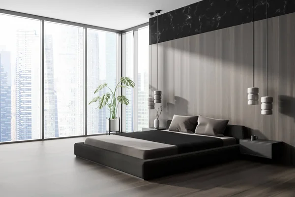 Vista Esquina Interior Del Dormitorio Oscuro Con Cama Ventana Panorámica — Foto de Stock