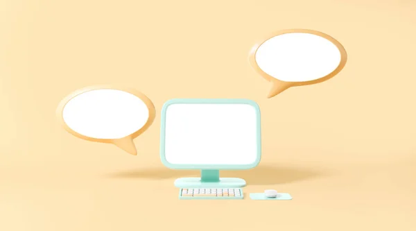 Cartoon pc computer blank empty screen with two mock up speech bubbles, yellow background. Concept of online communication and message. 3D rendering
