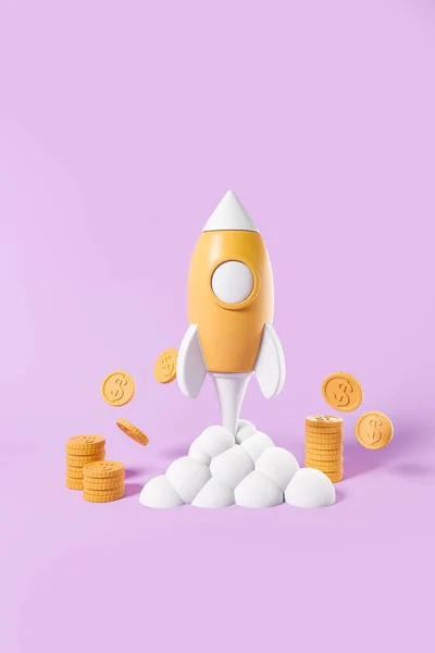 Cartoon Rocket Rising Gold Dollar Coins Purple Background Concept Startup — Stock Photo, Image