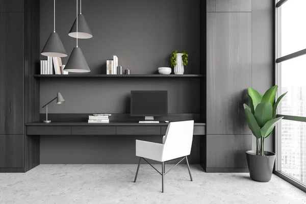 Front view on dark office room interior with computer, desk, chair, panoramic window, concrete floor, grey wall. Concept of minimalist design. Space for working process. 3d rendering