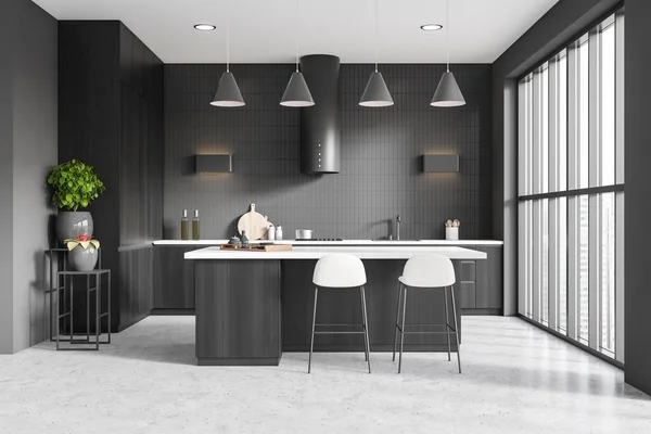 Front View Dark Kitchen Room Interior Grey Tile Wall Concrete — Stock Photo, Image