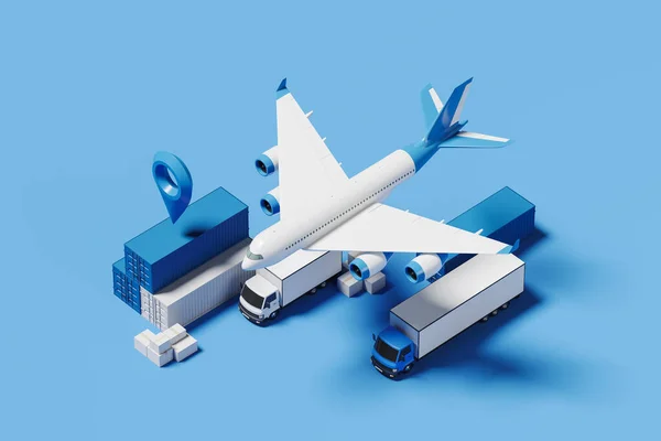 Top View Airplane Delivery Van Truck Cardboard Boxes Containers Blue — Stock Photo, Image