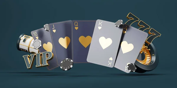 暗い背景にカード チップ ルーレットホイールと777ジャックポットを持つ黒のロイヤルフラッシュカード ポーカーの概念 3Dレンダリング — ストック写真
