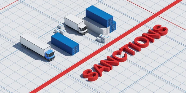 Delivery van and truck with cargo, containers on a lined paper sheet with red sanctions lettering. Concept of trucking and ban. 3D rendering