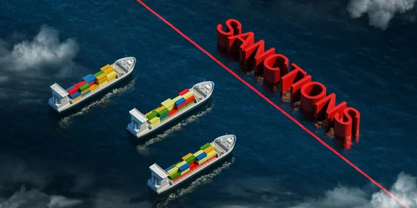 Top view of three cargo ships with colorful containers, red restriction line on water. Concept of embargo and sanctions. 3D rendering