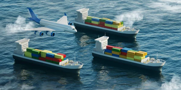 Airplane flying and three big cargo ships moving on water, top view. Concept of international logistics and delivery. 3D rendering