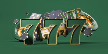 Kumarhane 777 büyük ikramiye, kart, fiş ve yeşil zarı olan rulet. Şans kavramı ve kazanmak. 3B görüntüleme