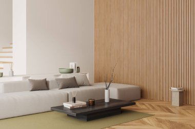 Bej renkli oturma odası. Kanepe, yan manzara, ahşap döşemeli halı. Sanat süslemeli raflar ve kahve masası. Model boş duvar. 3B görüntüleme
