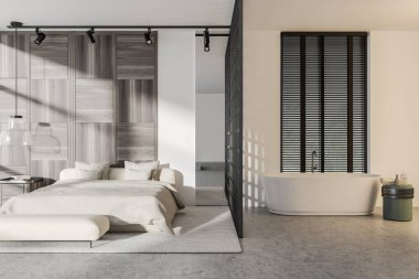 Yatak odasının içi yatak odası, banyo alanı ve bölmeleri var. Yataklı halı, küvetli aksesuarlı ve jöleli. 3B görüntüleme