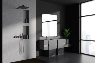 Karanlık banyonun iç tarafında büyük ayna, duş, çift lavabo, gökdelen manzaralı panoramik pencere, gri duvarlar, ev bitkisi, beton zemin. Modern tasarım kavramı. 3d oluşturma