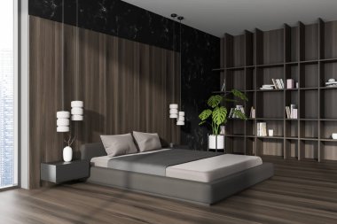 Karanlık yatak odası iç yatağı, kitaplarla ve dekorasyonla dolu raf, gökdelenler ve ahşap zeminde panoramik pencere. Boşluk boş tahta duvarı kopyala. 3B görüntüleme