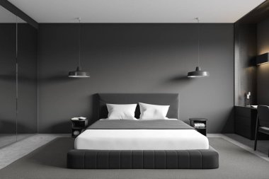 Yatak odası, yatak odası, yataklar, masa, sandalye, beton zemin, gri duvar, cam bölme. Minimalist tasarım kavramı. Dinlenmek, rahatlamak ve çalışmak için yer var. 3d oluşturma