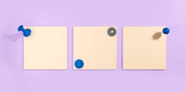 Mor arka planda mavi raptiyelerle sabitlenmiş üç tane boş kare çıkartma. Not ve hatırlatma kavramı. 3B görüntüleme