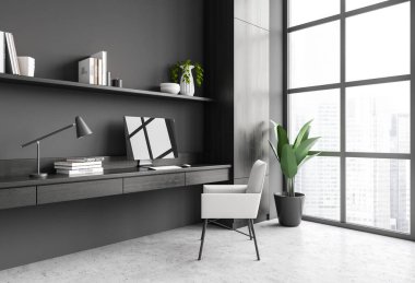 Karanlık ev içi ofis içi bilgisayar, koltuk, yan görüş. Raflı ve minimalist dekorasyonlu çalışma köşesi. Gökdelenlerin panoramik penceresi. 3B görüntüleme