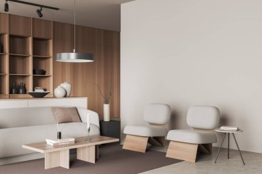 Bej oturma odasının iç tarafında kanepe ve halı üzerinde sehpa olan koltuklar var. Açık beton zemin. Köşede rafla karşılaşıp boş duvar süsü vermek. 3B görüntüleme