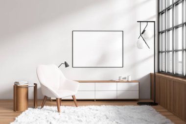 Parlak oturma odasının önü boş beyaz poster, beyaz duvar, koltuk, kahve masası kitaplar, halı, panoramik pencere, meşe ağacından zemin. Minimalist tasarım kavramı. 3d oluşturma