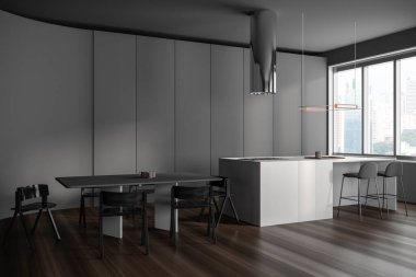 Bar adalı karanlık mutfak ve sandalyeli yemek masası, yan görüş. Singapur gökdelenlerinin panoramik penceresi. Ahşap zemine gizlenmiş mutfak aletleri. 3B görüntüleme