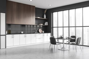 Koyu renk mutfak odasının içi gri fayans duvarı, beton zemin, lavabo, koltuklu yemek masası gökdelen manzaralı panoramik pencere. Minimalist tasarım kavramı. 3d oluşturma