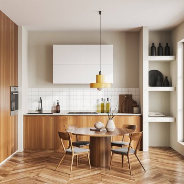 Bej mutfak, yemek masası ve ahşap zeminde sandalyeler. Mutfak gereçleri ve dekorasyonla yemek pişirme ve yeme alanı. 3B görüntüleme