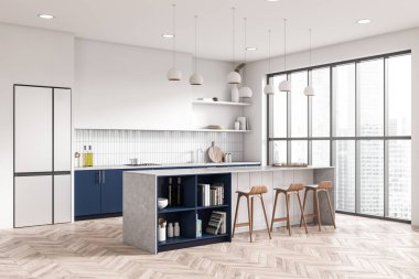 Parlak mutfak odasının iç tarafında beyaz fayans duvarı, meşe ağacından ahşap zemin, panoramik pencere, lavabo, bar tabureli ada, yağ. Minimalist tasarım kavramı. 3d oluşturma