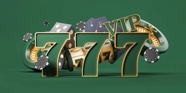 Casino 777 jackpot with cards, chips and roulette with dice on green background. Concept of lucky and win. 3D rendering