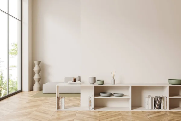 Beige Ruheraum Mit Regal Und Kunstdekoration Sofa Hintergrund Moderne Chill — Stockfoto