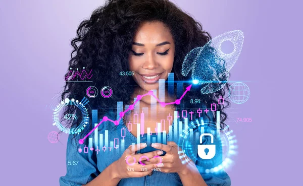 Smiling black woman using phone, double exposure forex diagrams with candlesticks, business analysis and rocket launch. Concept of business project and mobile app