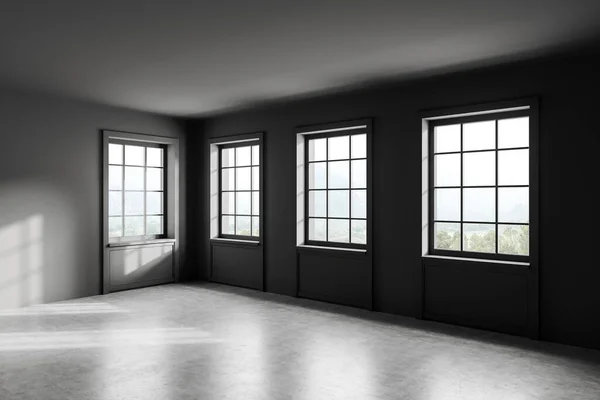 Vue Angle Sur Chambre Sombre Vide Intérieur Avec Fenêtres Panoramiques — Photo