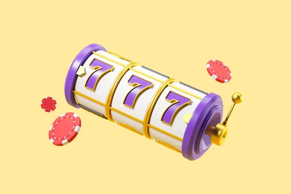 黄色の背景にカジノのジャックポット777 フライングチップと紫と金色のスロットマシン 勝つという概念 3Dレンダリング — ストック写真