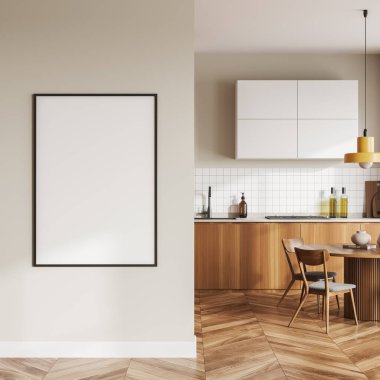 Parlak mutfak odasının önü boş beyaz poster, fayans duvarı, ahşap zemin, sandalyeli yemek masası, kitap, lavabo, gaz ocağı, yağ. Minimalist tasarım kavramı. Model yap. 3d oluşturma