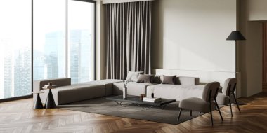 Parlak oturma odasının içi kanepe, koltuk, panoramik pencere, perde, boş beyaz duvar, meşe parke döşeme, halı, kahve masası, kemer tasarım kavramı ile dolu. 3d oluşturma