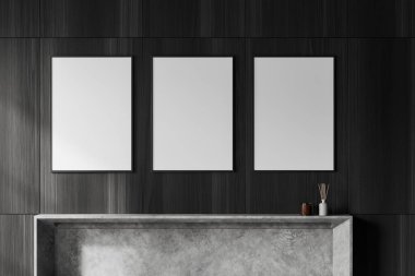 Oturma odasının içinde beton şömine ve sazlık difüzörlü mum var. Üç tane tuval posterli sergi odası. 3B görüntüleme