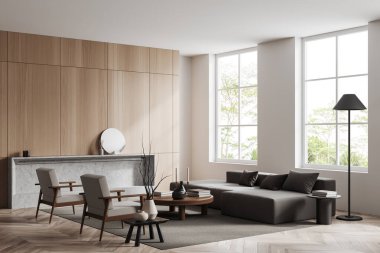 Kanepe ve koltuklu modern toplantı odası, halı üzerinde yan manzara sehpası, ahşap zemin. Tropik bölgelerde şömine ve panoramik pencere. 3B görüntüleme