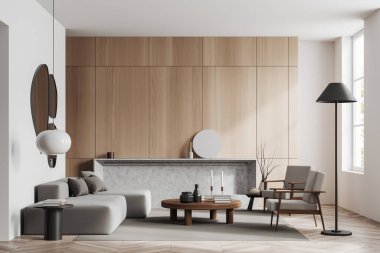 Beyaz oturma odasının içinde kanepe ve koltuklar, halıda kahve masası, ahşap zemin. Şöminenin ahşap rafı ve tropiklerde panoramik penceresi var. 3B görüntüleme