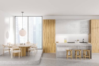 Parlak mutfak ve yemek odasının önü beton zemin, panoramik pencere, koltuklu yemek masası, lavabo, bar tabureli ada. Minimalist tasarım kavramı. 3d oluşturma