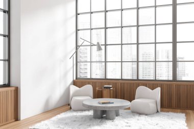 Parlak oturma odasının iç tarafında koltuklar, kitaplı kahve masası, beyaz duvar, halı, gökdelen manzaralı panoramik pencere, ahşap zemin. Minimalist tasarım kavramı. 3d oluşturma