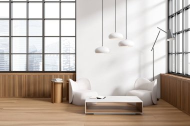 Beyaz oturma odasının içinde iki koltuk, yerde kitaplar olan bir sehpa. Gökdelenlerde panoramik pencereli hafif toplantı köşesi. 3B görüntüleme