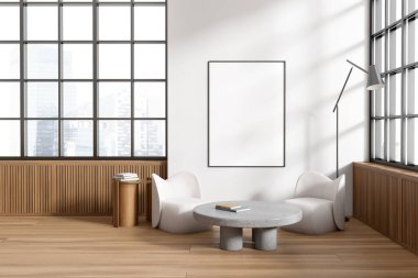 Parlak oturma odası içi boş beyaz posterli, panoramik pencereli Singapur şehri manzaralı. Koltuklu kahve masası. Beyaz duvar, ahşap zemin. Geniş yer kavramı. Model yap. 3d oluşturma