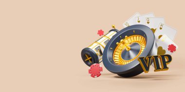 Kumarhane ruleti ve floş Royal poker kartları, uçan çipler ve bej boş arkaplanda kumar makinesi. Başarı kavramı ve kazanmak. Uzayı kopyala 3B görüntüleme