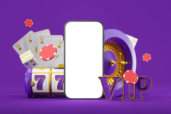 携帯電話は ブランクスクリーンをモックアップし 紫色の背景にルーレットとスロットマシンで王室のポーカーカードやチップをフラッシュします オンラインゲームとカジノの概念 3Dレンダリング — ストック写真