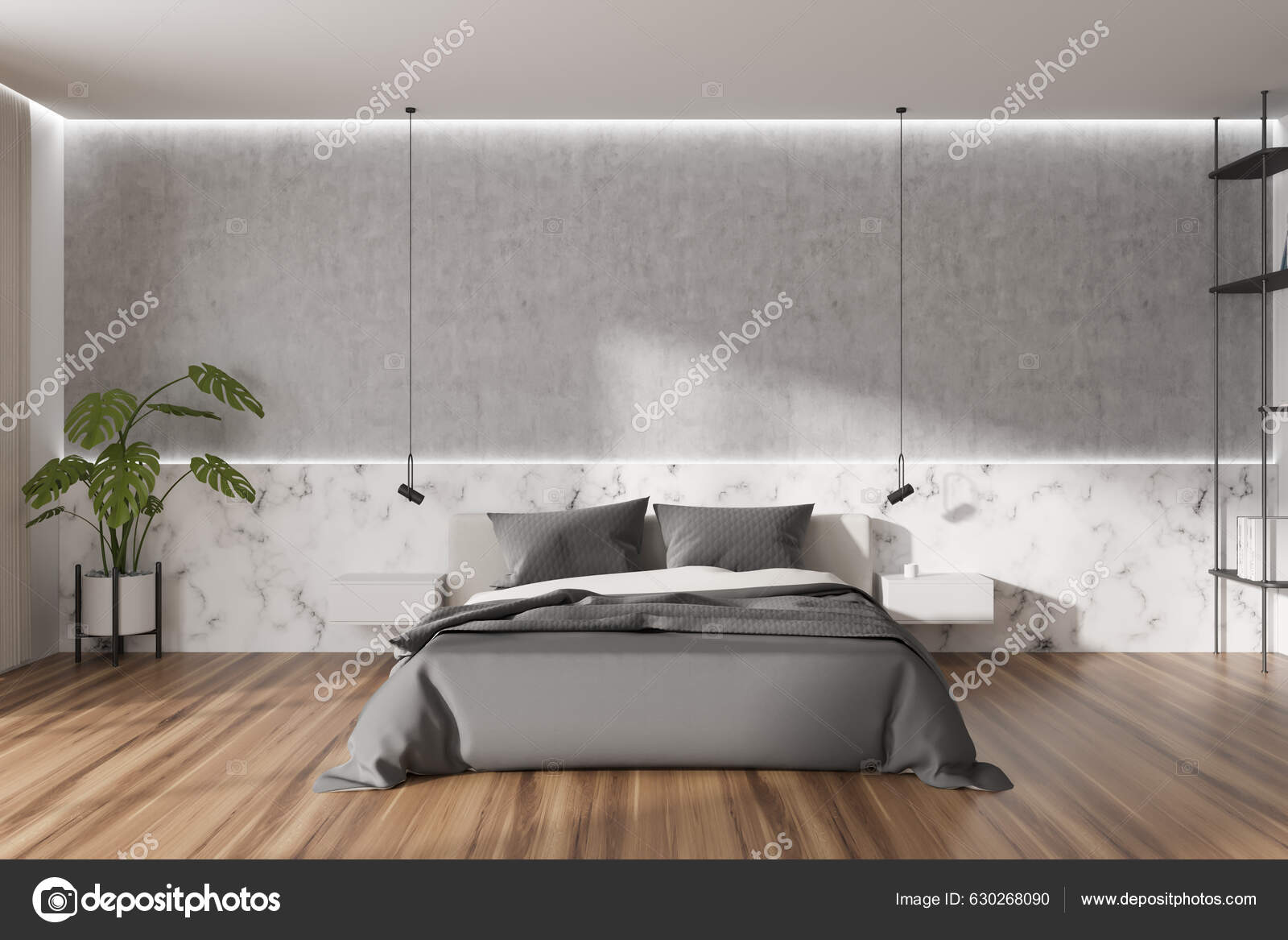 Κομψό Υπνοδωμάτιο Εσωτερικό Κρεβάτι Και Κομοδίνο Ράφι Και Διακόσμηση Φυτό —  Φωτογραφία Αρχείου © denisismagilov #630268090