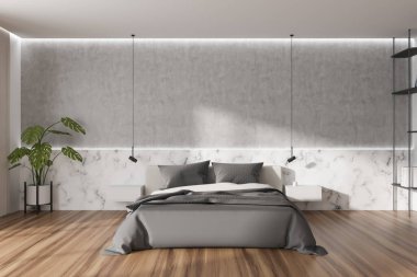 Şık bir yatak odası iç yatağı, raflı ve dekoratif komodinli, ahşap döşemeli. Modern otel uyuma alanı. Boş duvarı kopyala. 3B görüntüleme