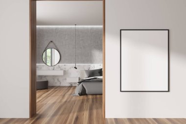 İçerisi aydınlık yatak odası, yatak ve tuvalet masası, yerde puf var. Tropik bölgelerde panoramik pencereli bir uyku alanı. Beyaz duvara afiş asın. 3B görüntüleme