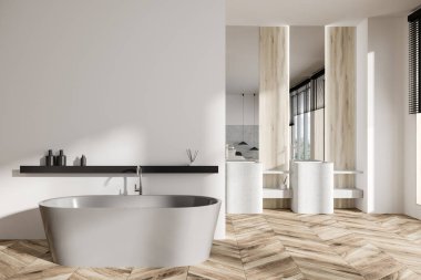 Parlak banyo manzarası, içi boş beyaz duvar, küvet, çift lavabo, iki ayna, meşe ağacından ahşap zemin. Su arıtma kavramı. 3d oluşturma