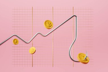Metalik çizgiler, altın bitcoin ile bir kancaya takılmış, yatırım tuzağı. Kripto ticareti ve iflas kavramı. 3B görüntüleme