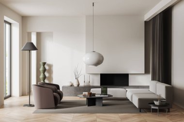 Parlak oturma odasının önü boş beyaz duvar, kahve masası, koltuklar, kanepe, şömine, panoramik pencere, ahşap zemin. Minimalist tasarım kavramı. Buluşma yeri. 3d oluşturma