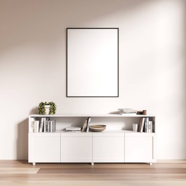 Parlak oturma odasının önü boş beyaz posterle dolu, raflar çanak çömlek ve kitaplarla dolu, beyaz duvar, dolap, meşe ağacından ahşap zemin. Minimalist tasarım kavramı. Model yap. 3d oluşturma