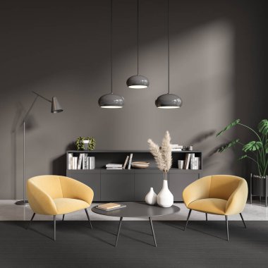 Kahve masası, koltuklar, çanak çömlek, kitaplar, gri duvar, dolap, beton zemin. Minimalist tasarım kavramı. Buluşma yeri, konuşma. 3d oluşturma