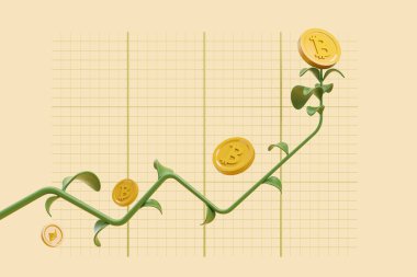 Üç dal ve grafik şeması, bej arka planda bitcoin. İş yatırımı ve büyüme kavramı. 3B görüntüleme