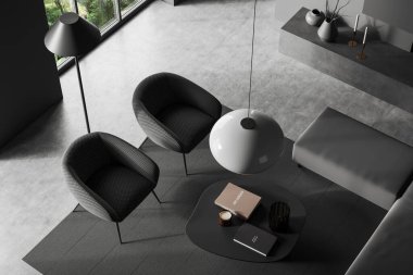 Koyu renk oturma odası manzarası kanepe, koltuk ve sanat dekorasyonlu kahve masası. Tropik bölgelerde panoramik pencerelerle rahatlamak. 3B görüntüleme